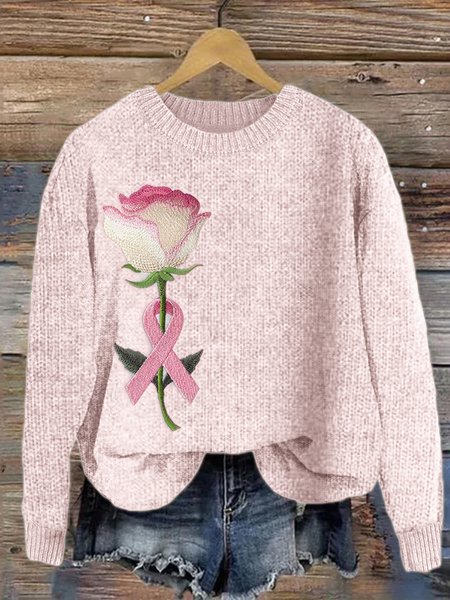 

Three dimensional floral art round neck knitted sweater, Pink, Sweaters