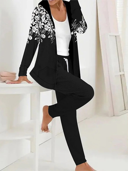 

Women Geometric Hoodie Long Sleeve Comfy Casual Jacket and pants Two-Piece Set, Black-white, Sets