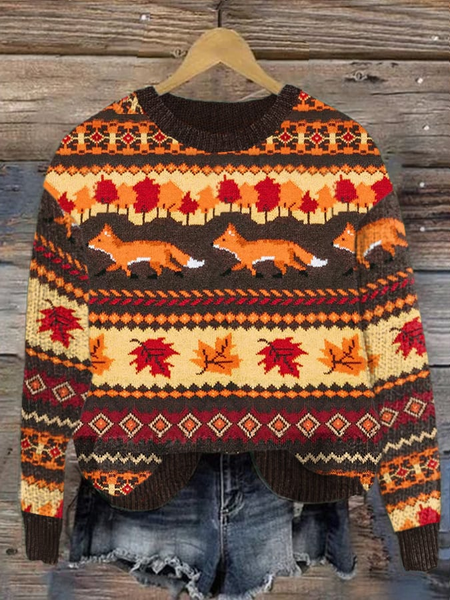 

Women's The Fox and Foliage Casual Round Neck Print Knitted Sweater, Brown, Sweaters