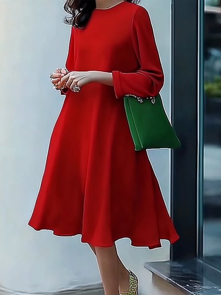 

Long Sleeve Loose Plain Elegant Crew Neck Dress, Red, Midi Dresses