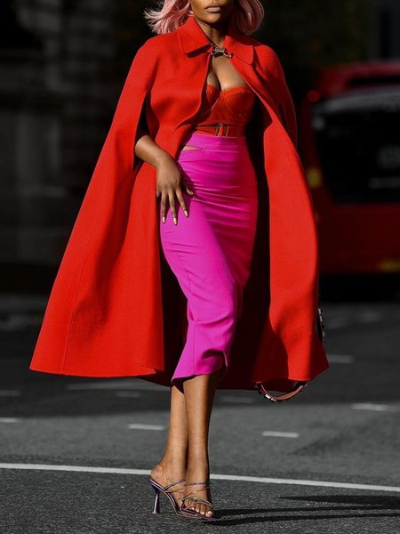 

Elegant Loose Plain Shawl Collar Cloak, Red, Poncho and Capes