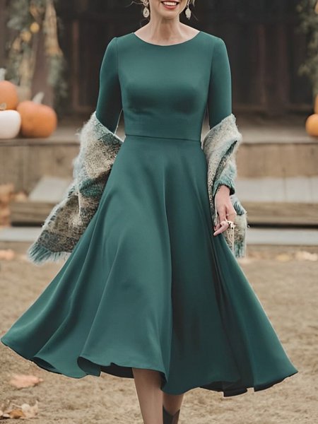 

Elegant Plain Crew Neck Long Sleeve Midi Dress, Green, Midi Dresses