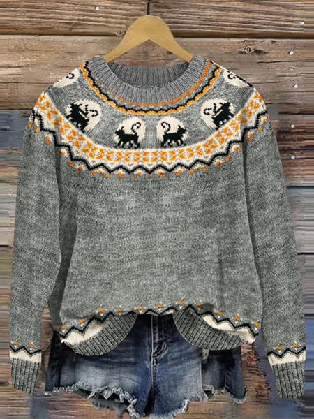 

Women's Casual Round Neck Print Knitted Sweater, Gray, Sweaters