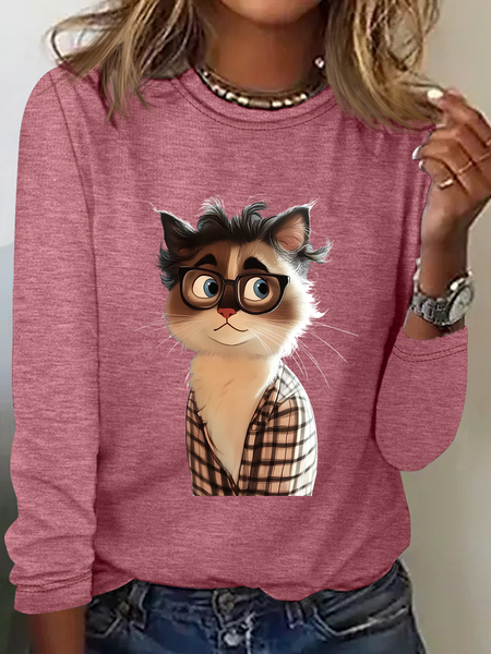

Cat In A Plaid Shirt And Glasses Casual Long Sleeve Shirt, Watermelon, Long sleeves