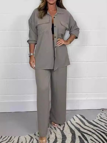 

Women Plain Shawl Collar Long Sleeve Comfy Casual Top With Pants Two-Piece Set, Gray, Sets