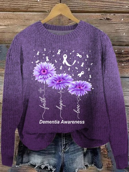 

Women's Faith Hope Love Alzheimer's Awareness Print Crew Neck Knitted Casual Sweater, Purple, Sweaters