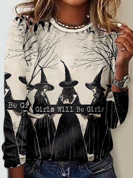 

Casual Halloween Crew Neck Long Sleeve T-shirt, Khaki, T-shirts
