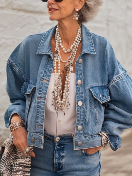 

Distressing Loose Casual Balloon Sleeve Denim Coat, Blue, Jackets