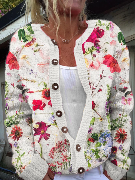 Flower Knitted Casual Cardigan, Pink, Cardigans