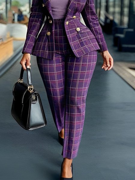 

Elegant Plaid Regular Fit Pants, Purple, Pants
