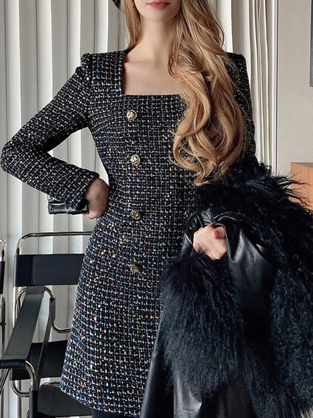 

Elegant Square Neck Plain Regular Fit Buttoned Dress, Black, Mini Dresses
