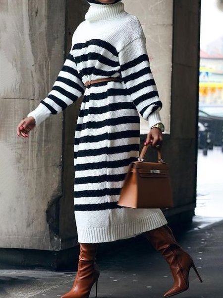 

Regular Sleeve Striped Loose Urban Sweater Dress, Black-white, Midi Dresses