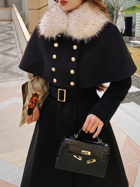 

Woolen Plain Urban Fur Collar Buttoned Coat With Belt, Black, Coats