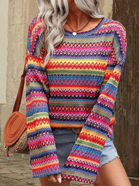 

Crew Neck Long Sleeve Multicolor Block Jacquard Regular Micro-Elasticity Loose Blouse For Women, Blouses