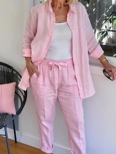 

Women Plain Shawl Collar Long Sleeve Comfy Casual Coat With Pants Two-Piece Set, Pink, Sets