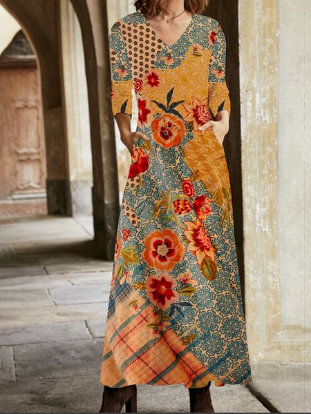 

Women Floral V Neck Long Sleeve Comfy Casual Pocket Stitching Maxi Dress, Orange, Dresses