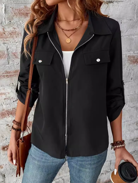 Women's Plain Zipper Regular Loose Jacket, Black, Outerwear