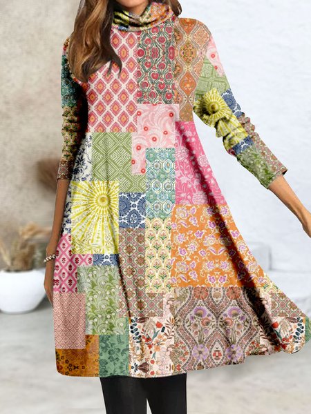 

Women Floral Mock Neck Long Sleeve Comfy Casual Midi Dress, Multicolor, Dresses