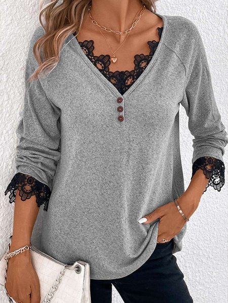

Casual Plain V Neck Long Sleeve T-shirt, Gray, T-shirts