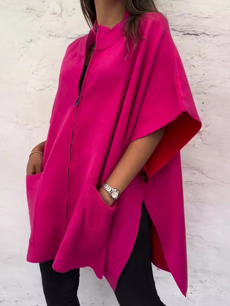 Women's Plain Cloak Thicken Loose Jacket, Deep pink, Outerwear