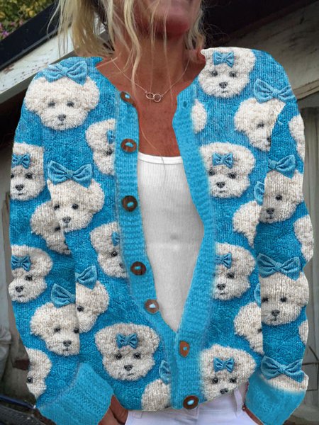 

Cute Bichon Frise dog button knit cardigan, Blue, Cardigans