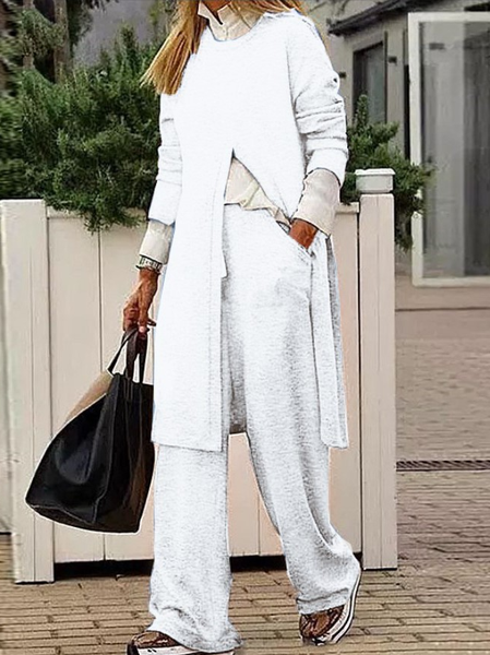 Women Plain Crew Neck Long Sleeve Comfy Casual Top With Pants Two-Piece Set, White, Sets