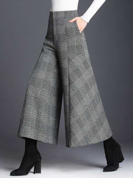 Regular Fit Wide leg Urban Plaid Pants, Black-white, Pants