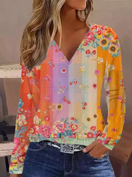 

Casual Floral V Neck Long Sleeve T-shirt, Orange red, T-shirts