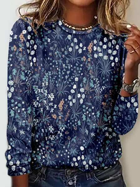 

Hippie Casual Crew Neck Loose Floral T-Shirt, Blue, Long sleeves