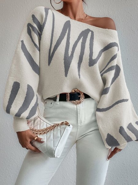

Plus Size Abstract Stripes Balloon Sleeve Urban Sweater, White, Plus Tops