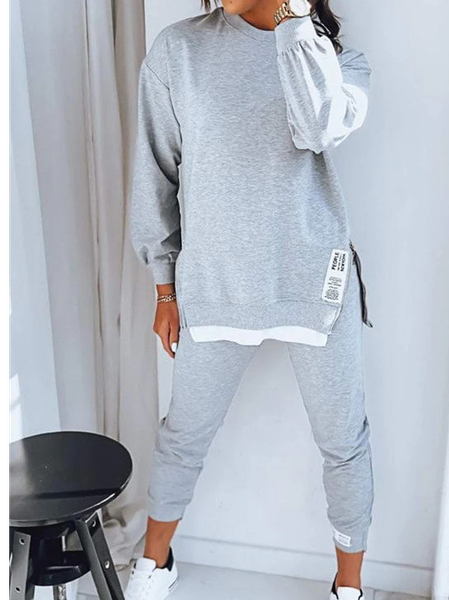 

Women Plain Crew Neck Long Sleeve Comfy Casual Top With Pants Two-Piece Set, Gray, Sets