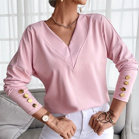 

V Neck Long Sleeve Plain Regular Micro-Elasticity Loose Blouse For Women, Pink, Blouses