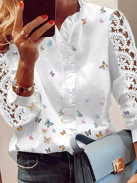 Butterfly Casual Blouse, White, Blouses & Shirts