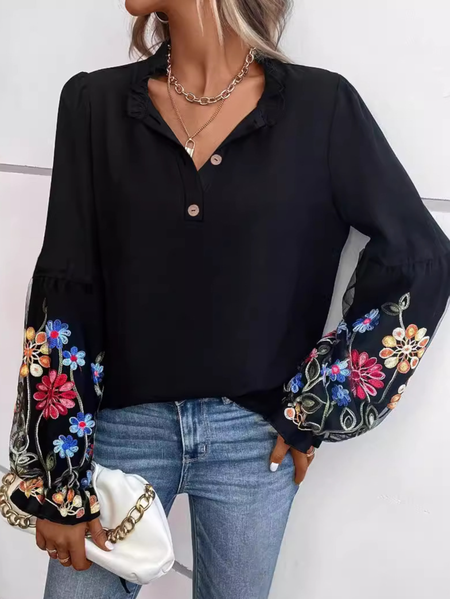 Embroidery Casual Plain Blouse, Black, Blouses & Shirts