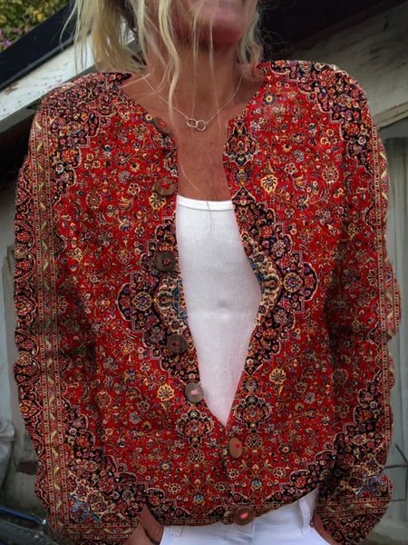 

Women Nationality/ethnic Long Sleeve Comfy Casual Buttoned Cardigan, Red, Cardigans