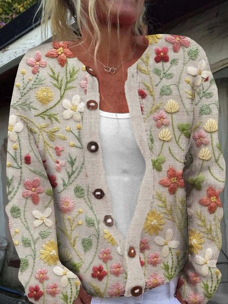 

Women Floral Long Sleeve Comfy Casual Buttoned Cardigan, Apricot, Cardigans