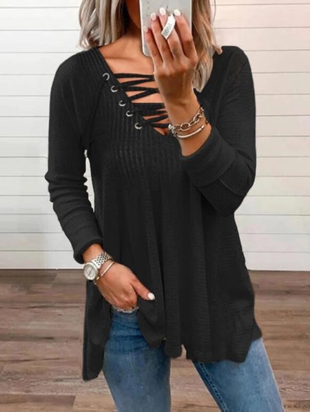 

Cross Neck Long Sleeve Plain Regular Micro-Elasticity Loose Blouse For Women, Black, Blouses
