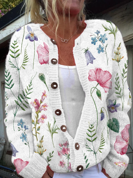 

Floral Crew Neck Plants Casual Cardigan, White, Cardigans