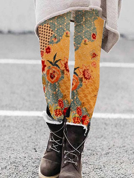 

Casual Floral Long Leggings, Orange, Leggings