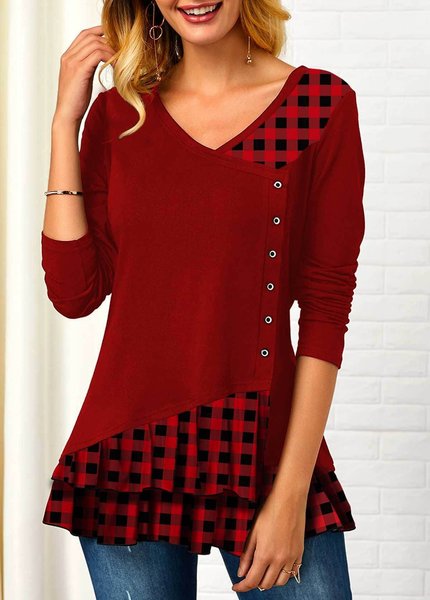 

V Neck Long Sleeve Plaid Regular Micro-Elasticity Loose Blouse For Women, Red, Blouses