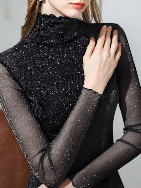 

Regular Sleeve Turtleneck Plain Elegant Tight T-Shirt, Black, Tees