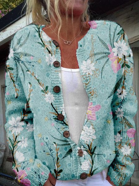 

Plants Crew Neck Casual Cardigan, Green, Cardigans