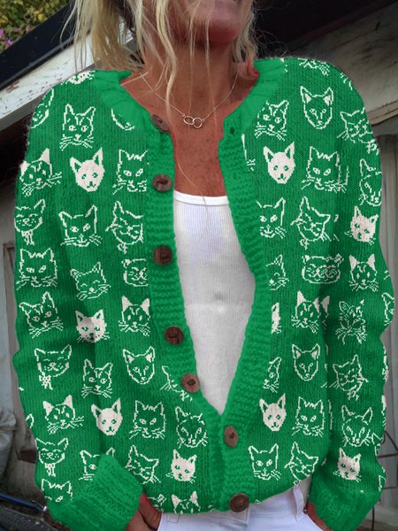 

Fun cat button knit sweater, Green, Cardigans