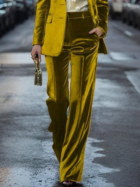 

Urban Plain Velvet Pockets Fashion Straight Pants, Yellow, Pants