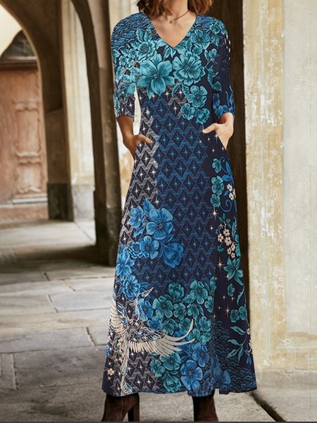 

Women Floral V Neck Long Sleeve Comfy Casual Pocket Stitching Maxi Dress, Blue, Dresses