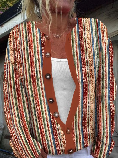 

Women Striped Long Sleeve Comfy Casual Buttoned Cardigan, Red brown, Cardigans