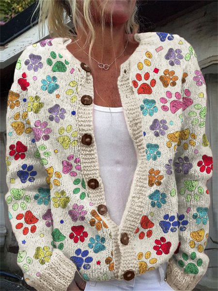 

Colorful dog paw button cardigan sweater, White, Cardigans