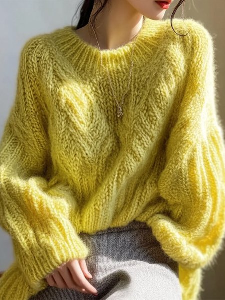 

Long Sleeve Casual Loosen Plain Crew Neck Sweater, Yellow, Pullovers
