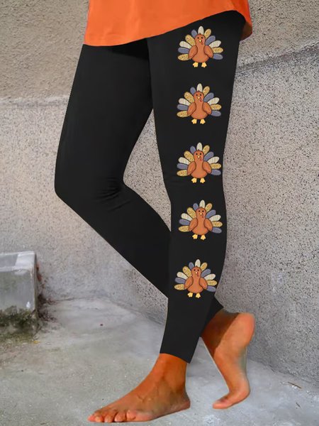 Casual Jersey Tight Thanksgiving Turkey Leggings, Black, Leggings