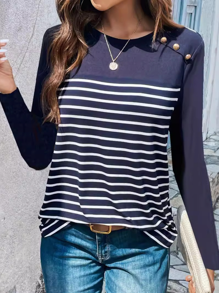 

Casual Striped Crew Neck Long Sleeve T-shirt, Royal blue, T-shirts